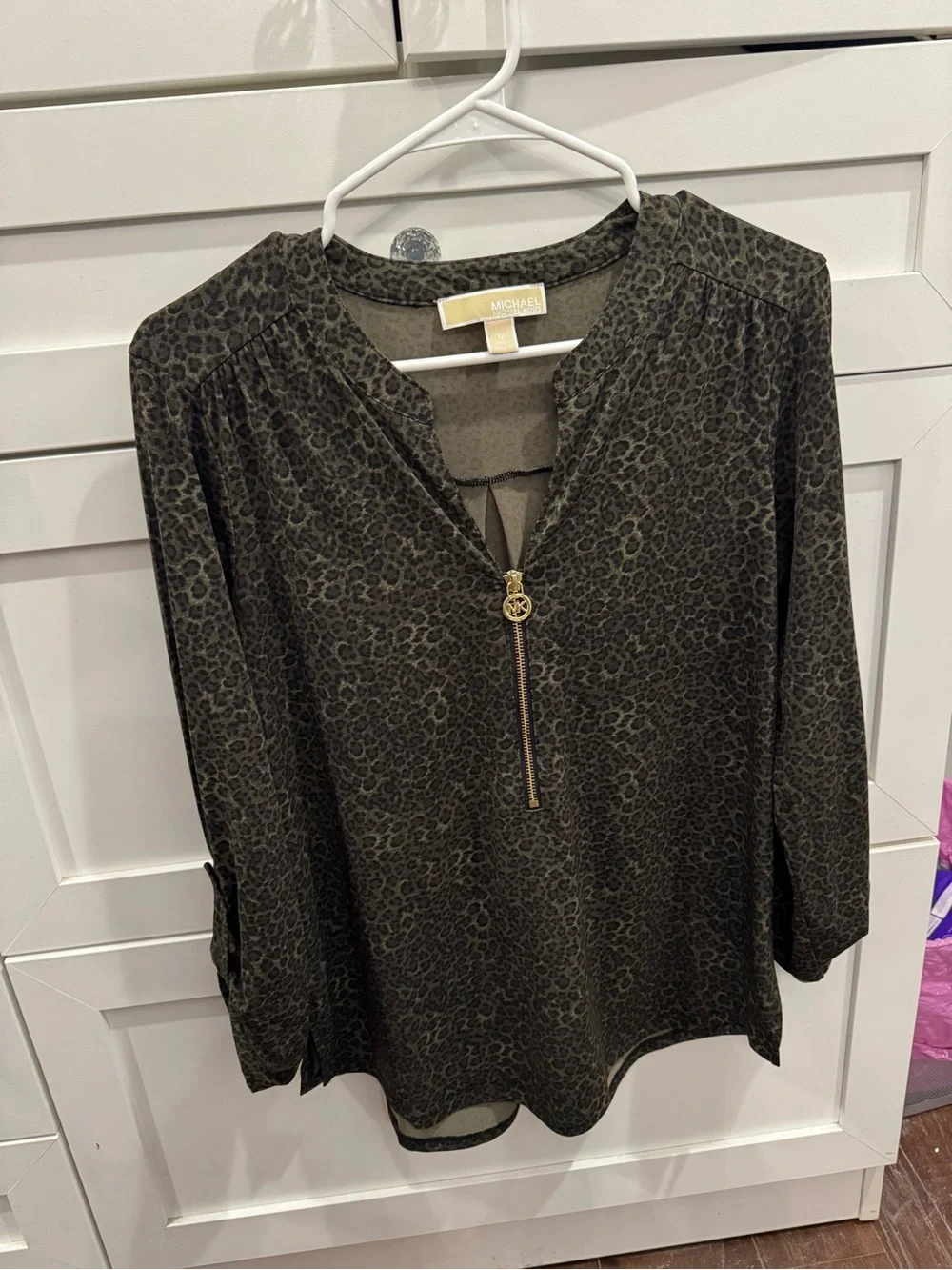Michael Kors Olive Green Leopard Zip-Front Blouse with Gold Pull